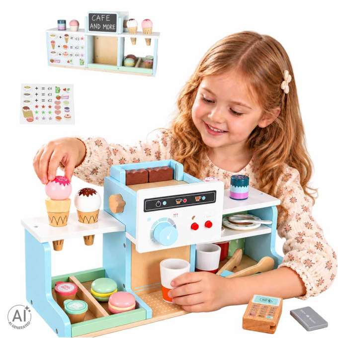 Wooden café and bakery for kids coffee machine cupcakes ice cream desserts