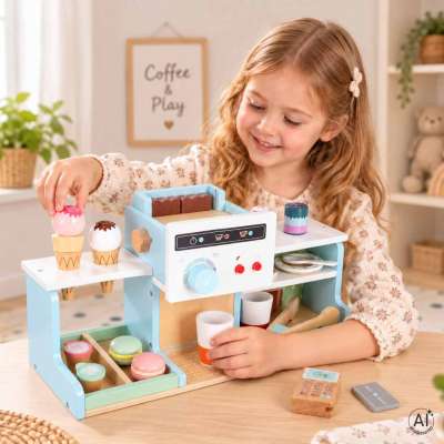 Wooden café and bakery for kids coffee machine cupcakes ice cream desserts