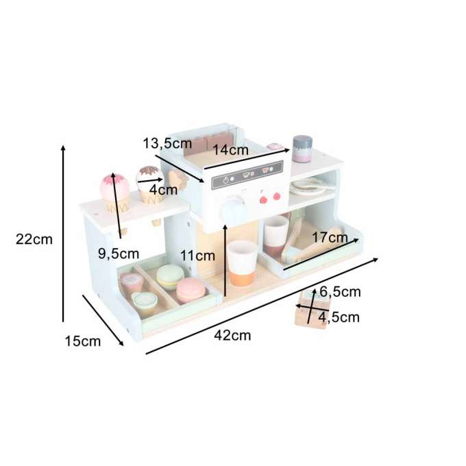 Wooden café and bakery for kids coffee machine cupcakes ice cream desserts