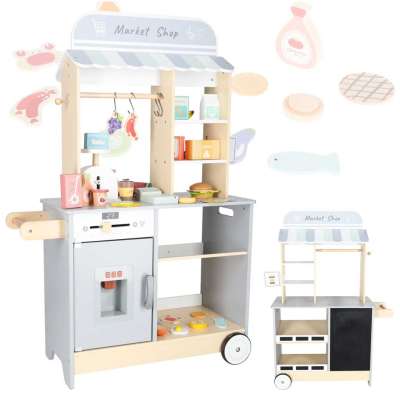 Wooden market stall food truck with a wheeled ice cube maker