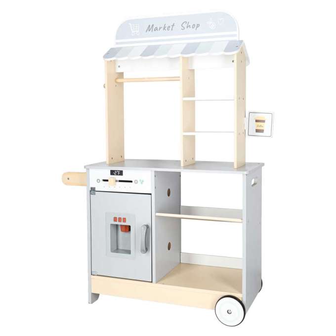 Wooden market stall food truck with a wheeled ice cube maker