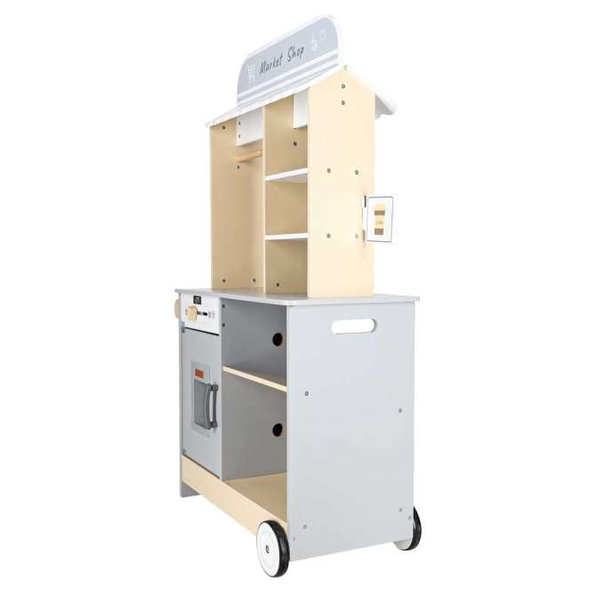 Wooden market stall food truck with a wheeled ice cube maker
