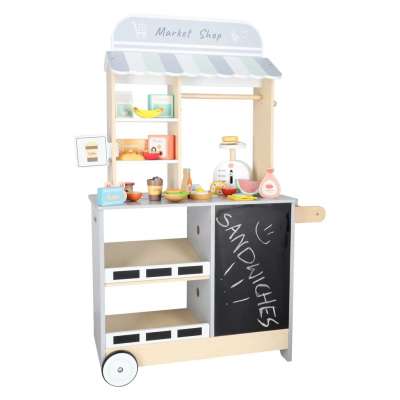 Wooden market stall food truck with a wheeled ice cube maker