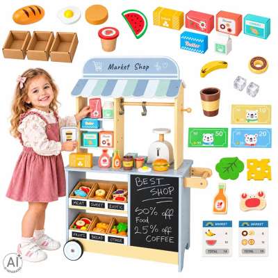 Wooden market stall food truck with a wheeled ice cube maker