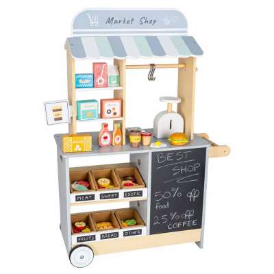 Wooden market stall food truck with a wheeled ice cube maker