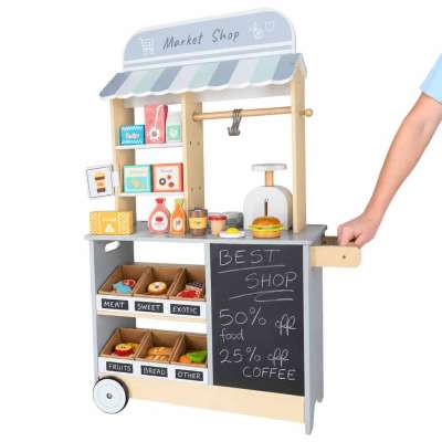 Wooden market stall food truck with a wheeled ice cube maker