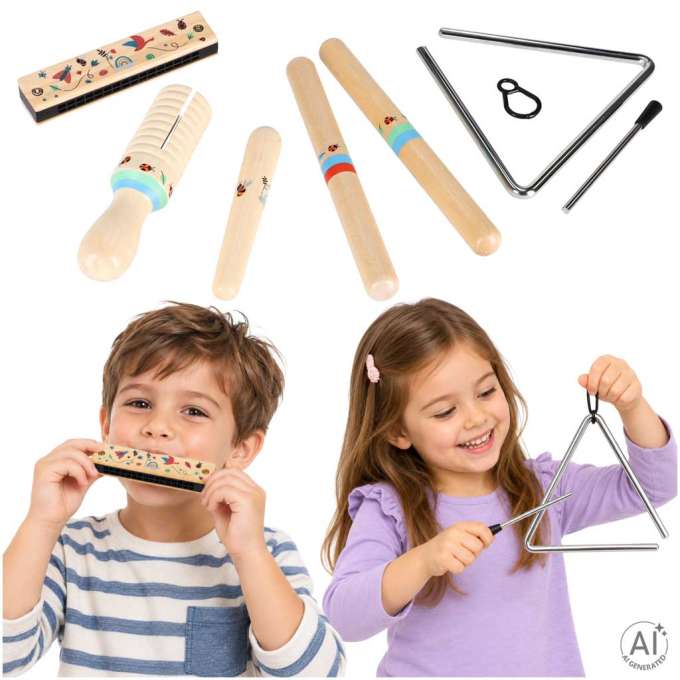 Wooden musical instruments for children triangle drumsticks harmonica grater
