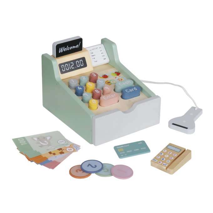 Wooden toy cash register for kids with scanner