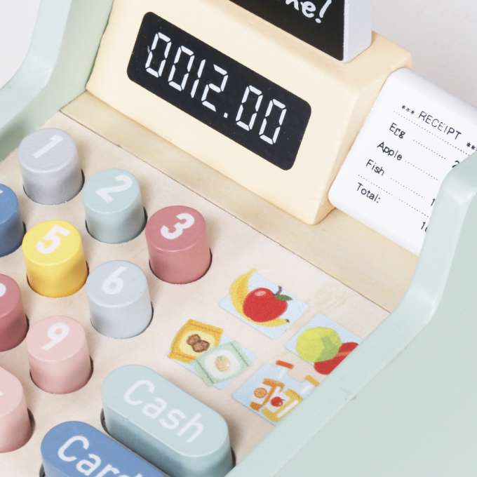 Wooden toy cash register for kids with scanner