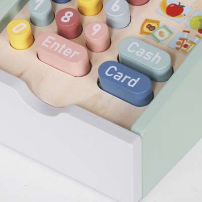 Wooden toy cash register for kids with scanner