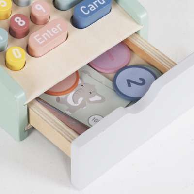 Wooden toy cash register for kids with scanner