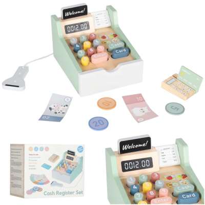 Wooden toy cash register for kids with scanner