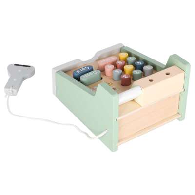 Wooden toy cash register for kids with scanner