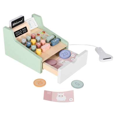 Wooden toy cash register for kids with scanner
