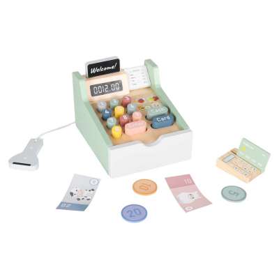 Wooden toy cash register for kids with scanner