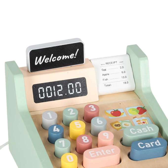 Wooden toy cash register for kids with scanner