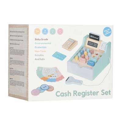 Wooden toy cash register for kids with scanner