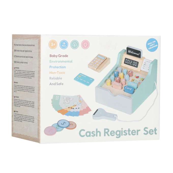 Wooden toy cash register for kids with scanner