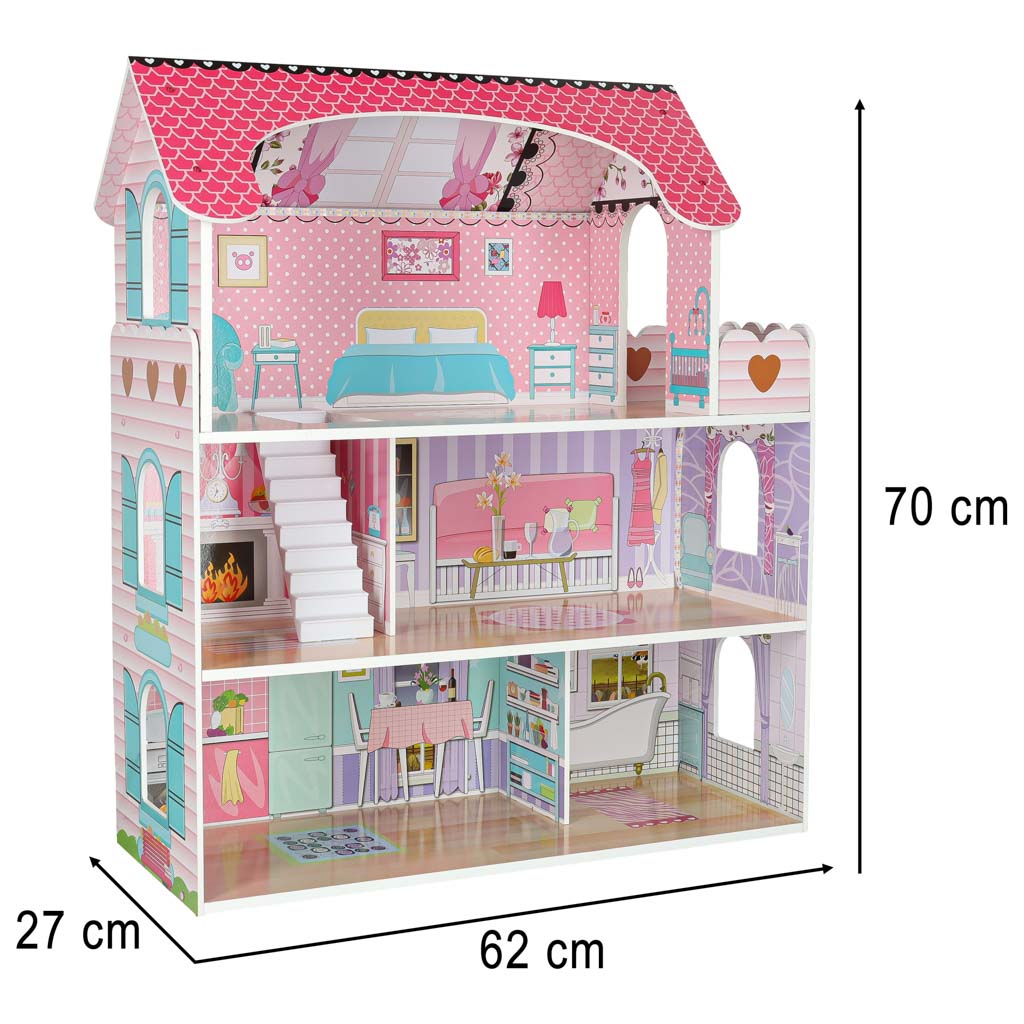 MDF dřevěný domeček pro panenky + nábytek 70cm růžový LED KX6484