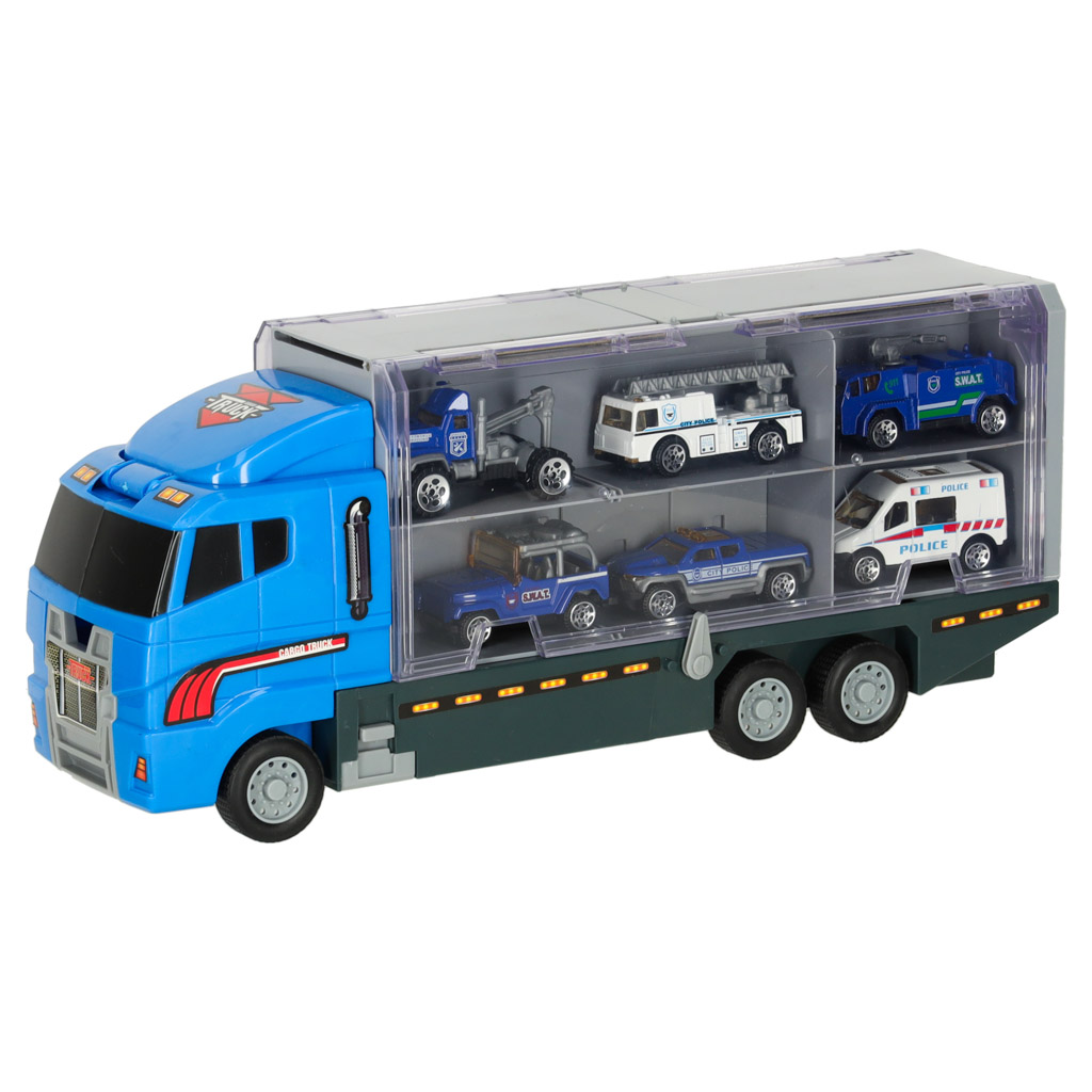 Transporter truck TIR launcher + kovová auta policie KX6681_2