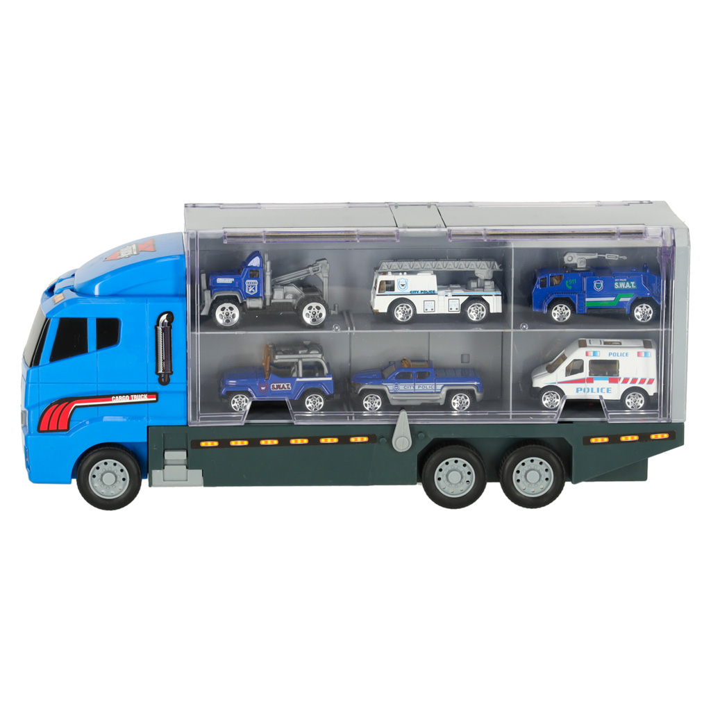 Transporter truck TIR launcher + kovová auta policie KX6681_2