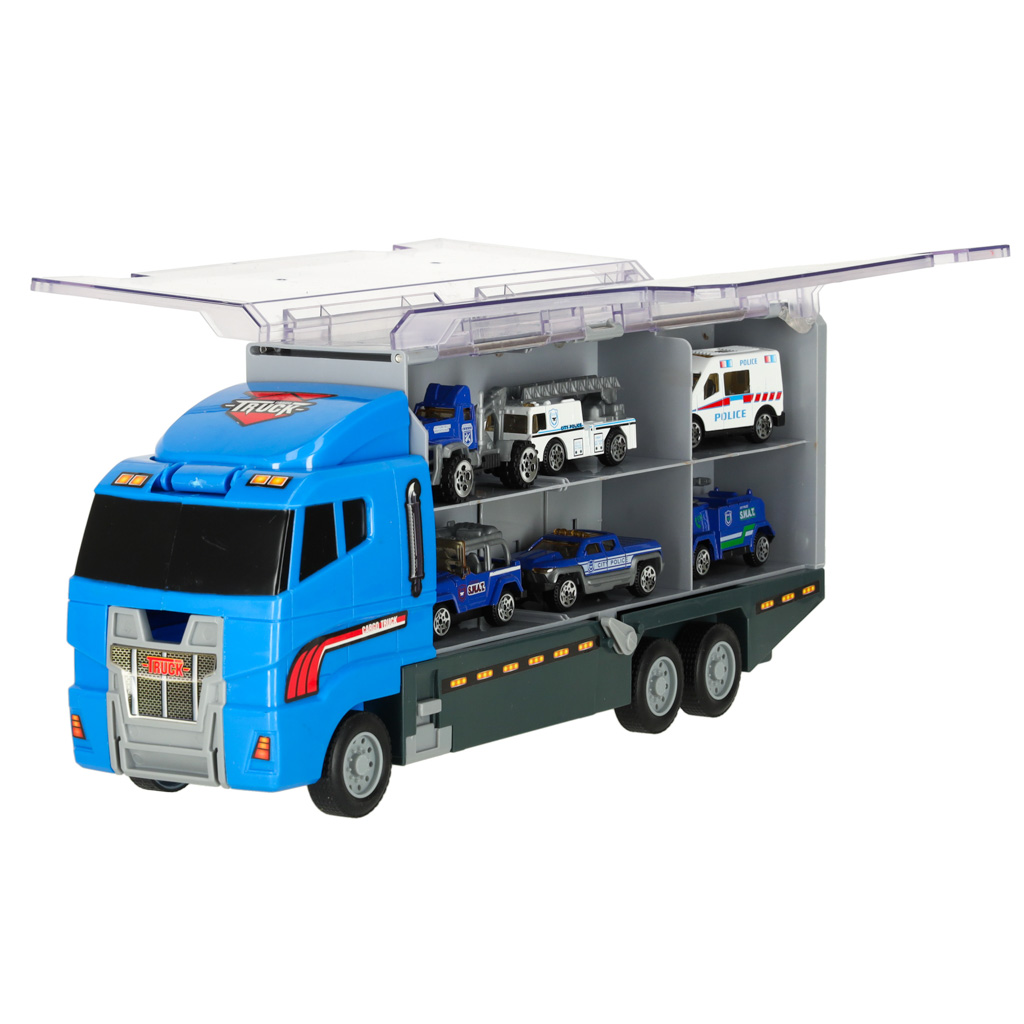 Transporter truck TIR launcher + kovová auta policie KX6681_2