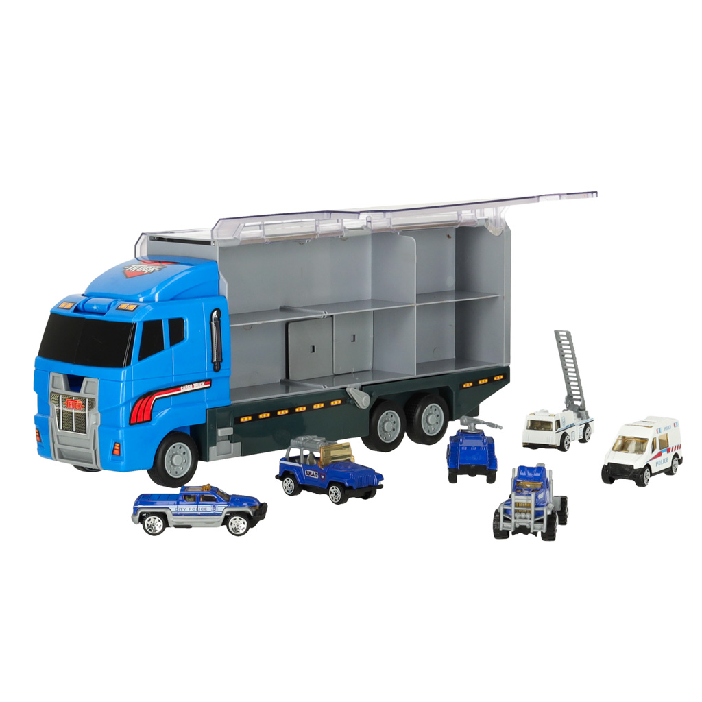 Transporter truck TIR launcher + kovová auta policie KX6681_2