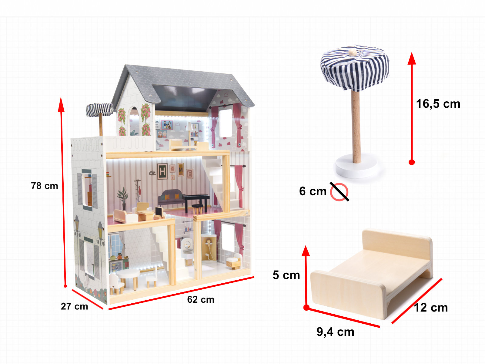 MDF dřevěný domeček pro panenky + nábytek 78cm černý LED KX6201
