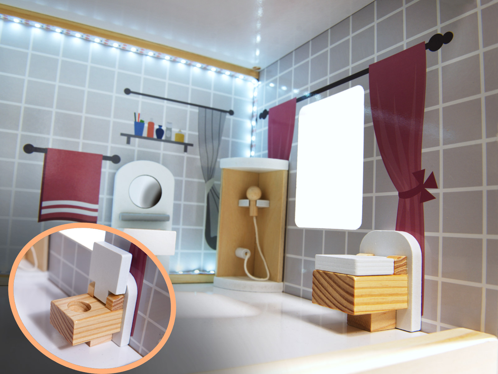 MDF dřevěný domeček pro panenky + nábytek 78cm černý LED KX6201