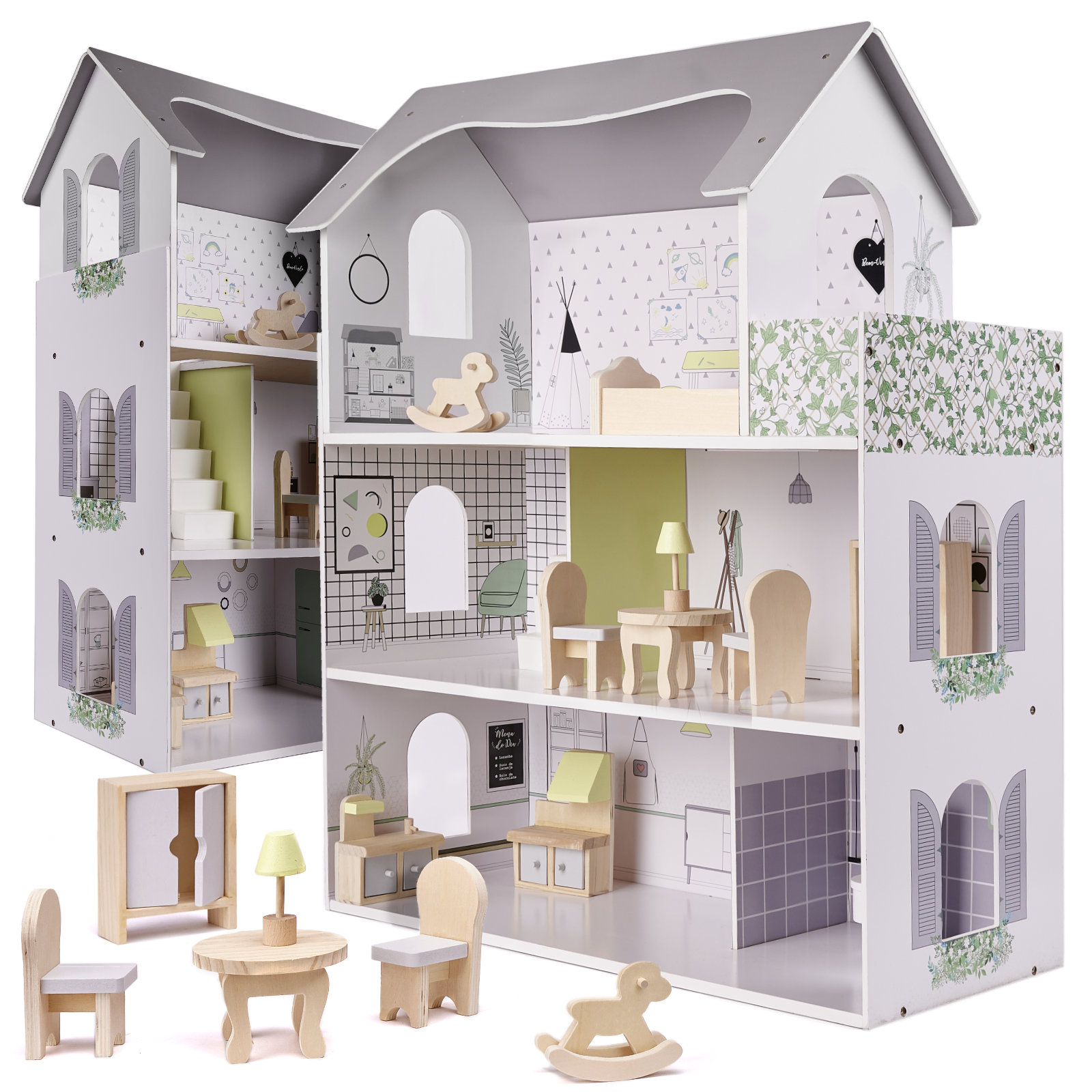 Puppenhaus aus Holz mit Möbeln 70cm grau