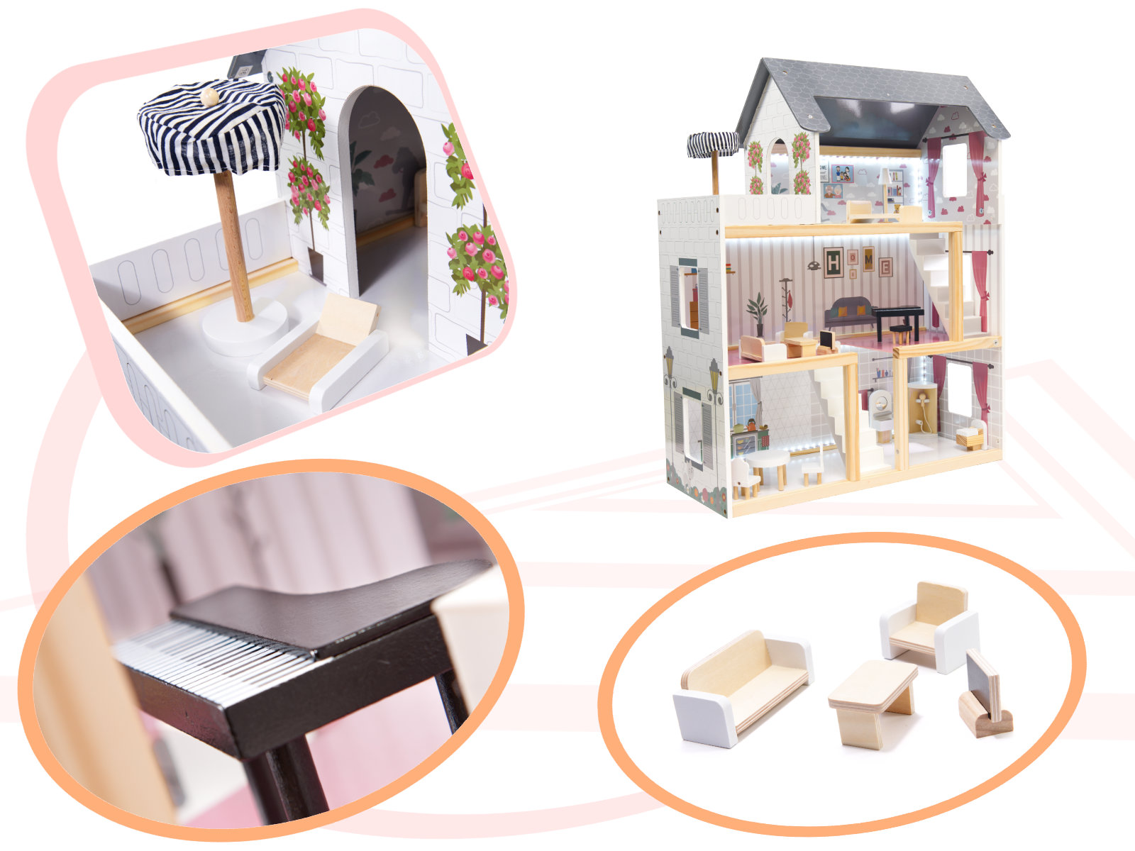 MDF dřevěný domeček pro panenky + nábytek 78cm černý LED KX6201