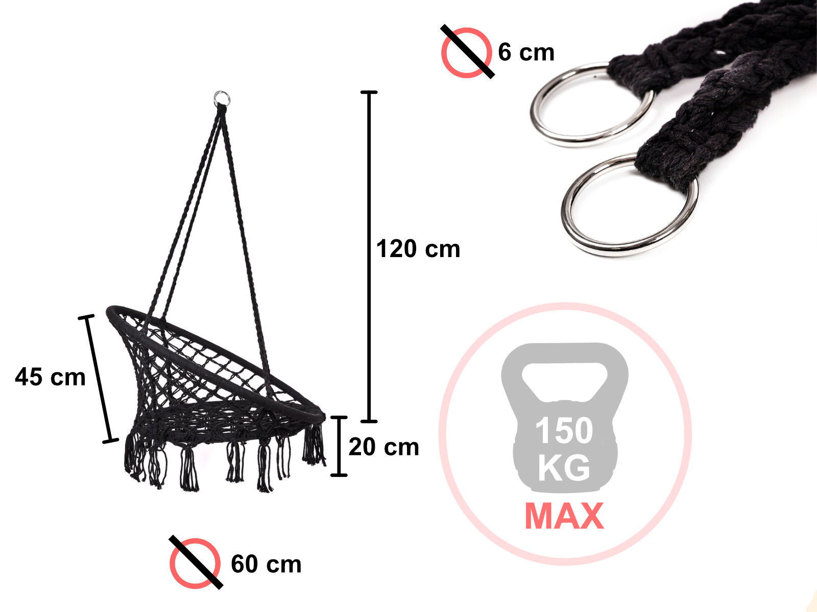 Houpací křeslo Čapí hnízdo s opěradlem černé 80 cm + polštáře KX7630_1