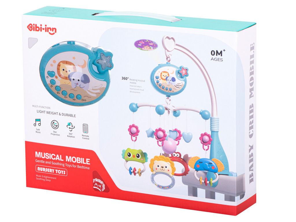 Karuzela projektor gwiazd do łóżeczka kołysanki niebieska z pilotem