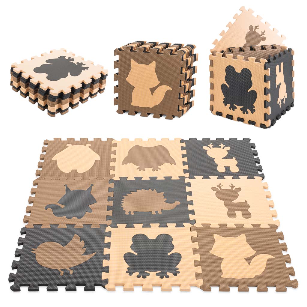 Schaumstoff-Puzzlematte für Kinder 9 Elemente beige-braun-schwarz 85cm x 85cm x 1cm