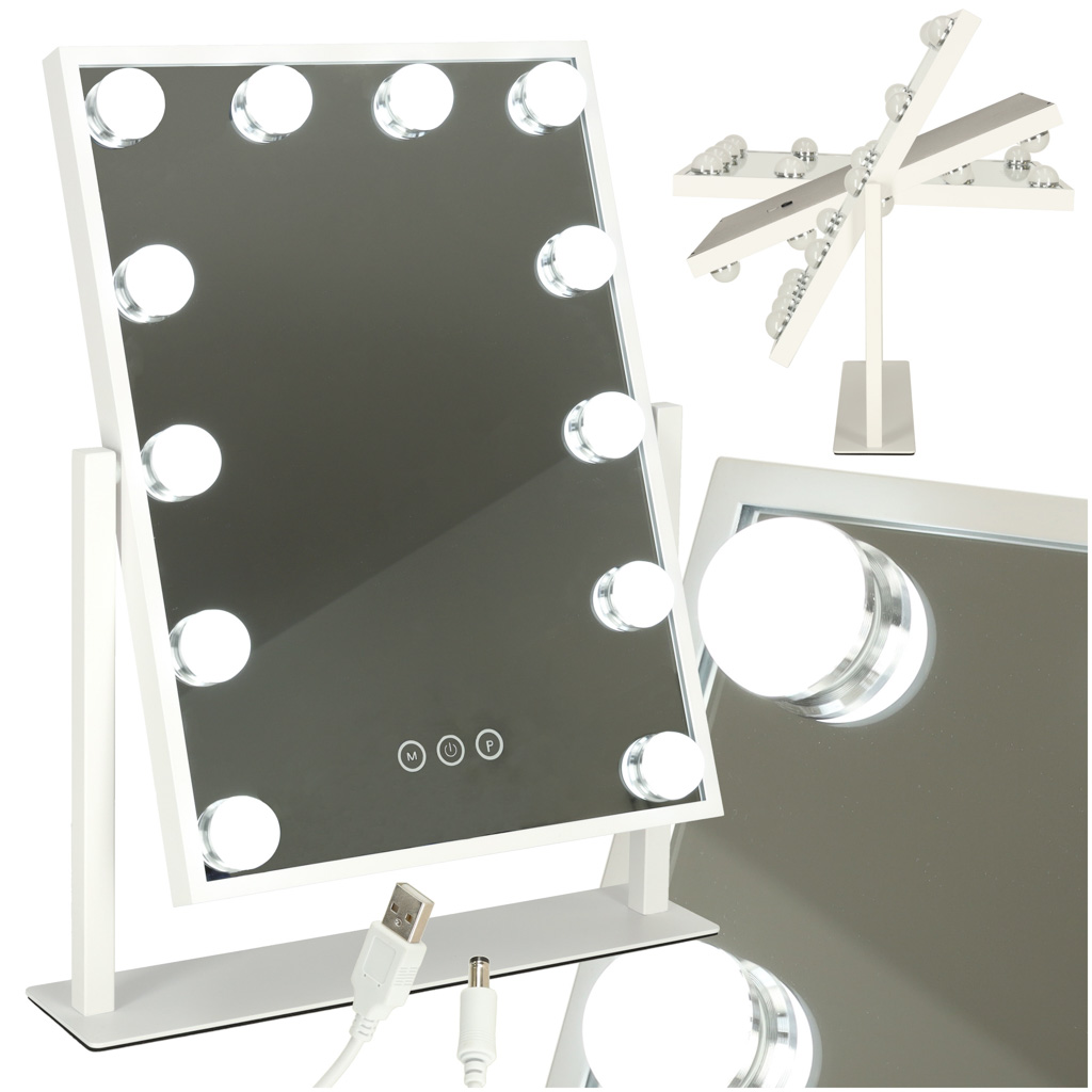 Lusterko do makijażu kosmetyczne podświetlane 12 LED Hollywood z 12 żarówkami USB 30 x 40 cm