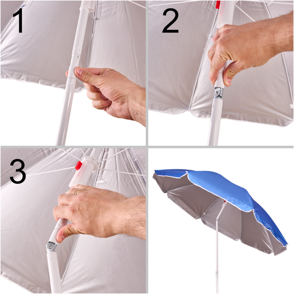 Plážový slunečník nastavitelný rozbitný UV skládací 150cm modrý KX3312