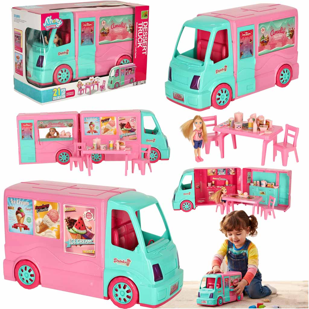 Samochód dla lalek kamper food truck zestaw 21 el.