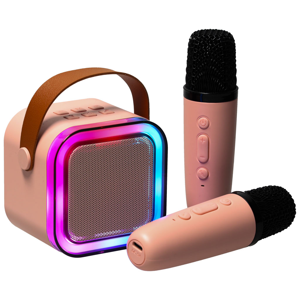 Karaoke set 2 mikrofony + přenosný reproduktor BLUETOOTH USB LED růžový KX3377