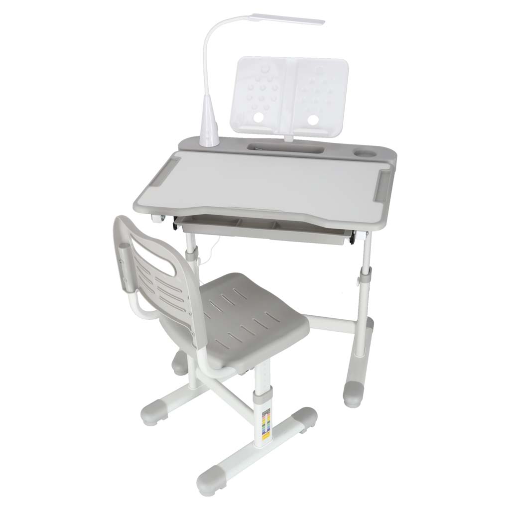 Dětský psací stůl se zásuvkou židle lampa šedá KX2974