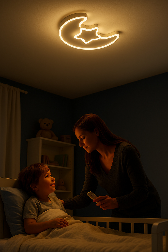 Stropní LED svítidlo do dětského pokoje stmívatelné LUMELA + dálkové ovládání měsíční bílá KX3175