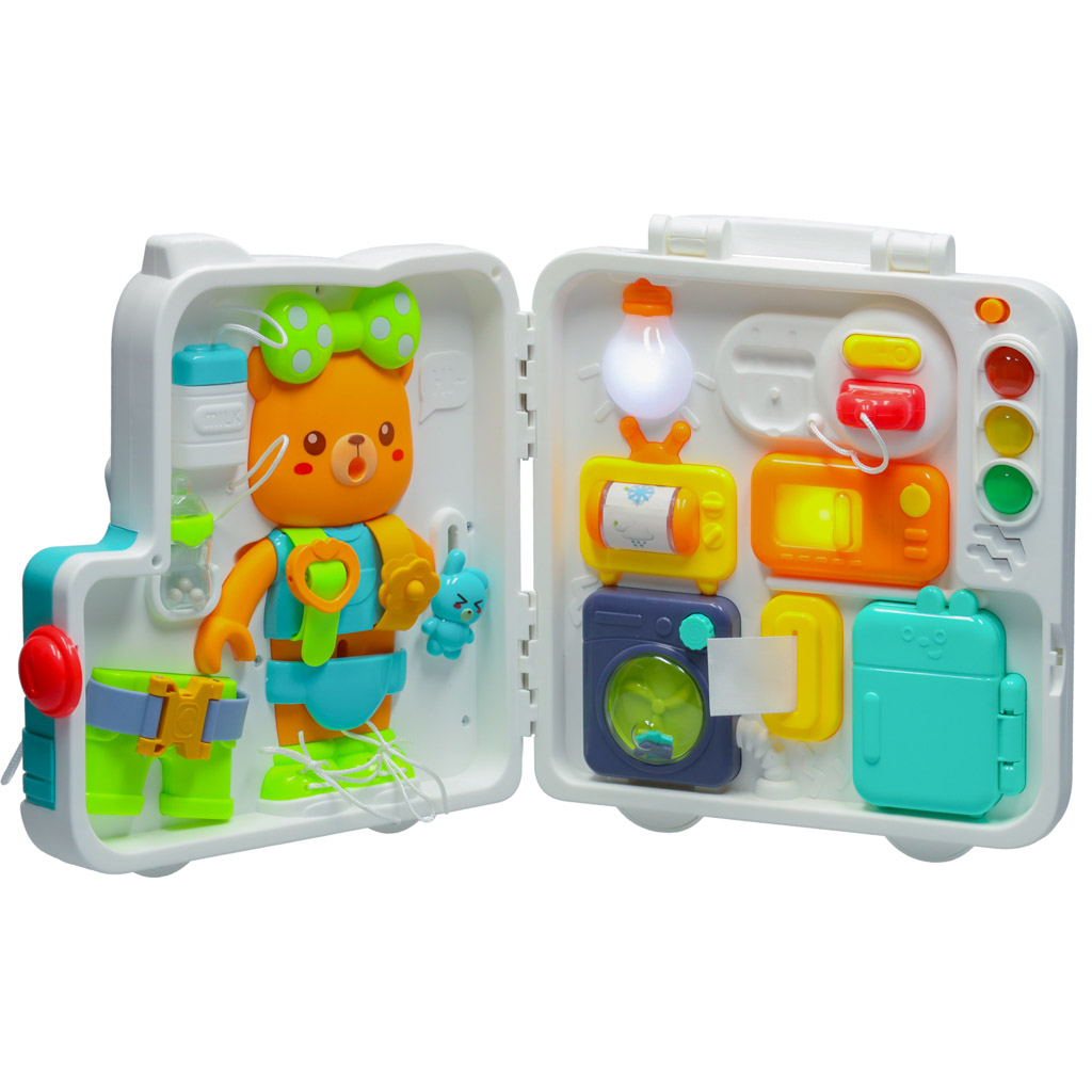 Smyslová manipulační deska montessori montessori kufřík knoflíky medvídek XXL světlo zvuk KX3203