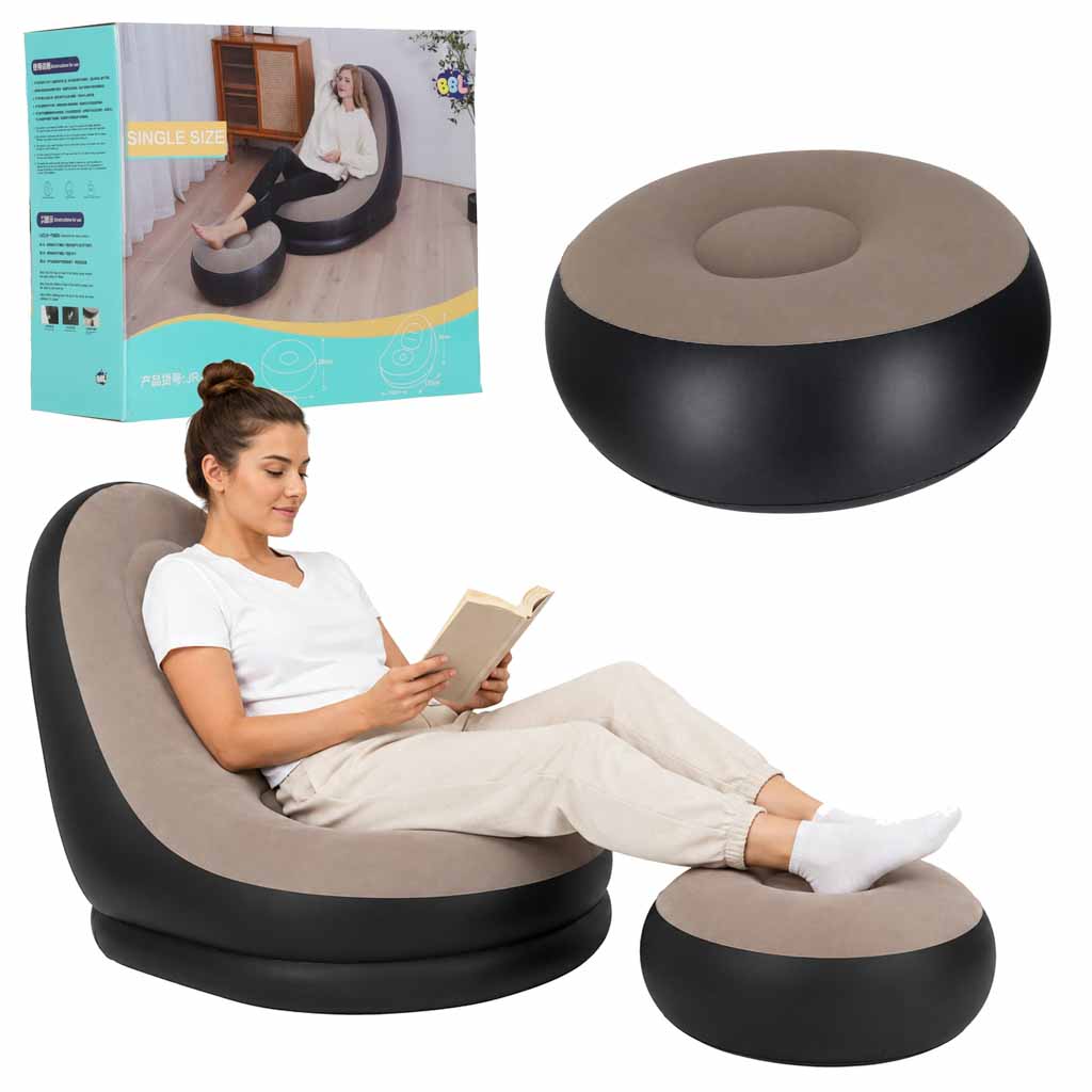 Fotel z podnóżkiem wypoczynkowy dmuchany sofa pufa pompka zestaw 2w1