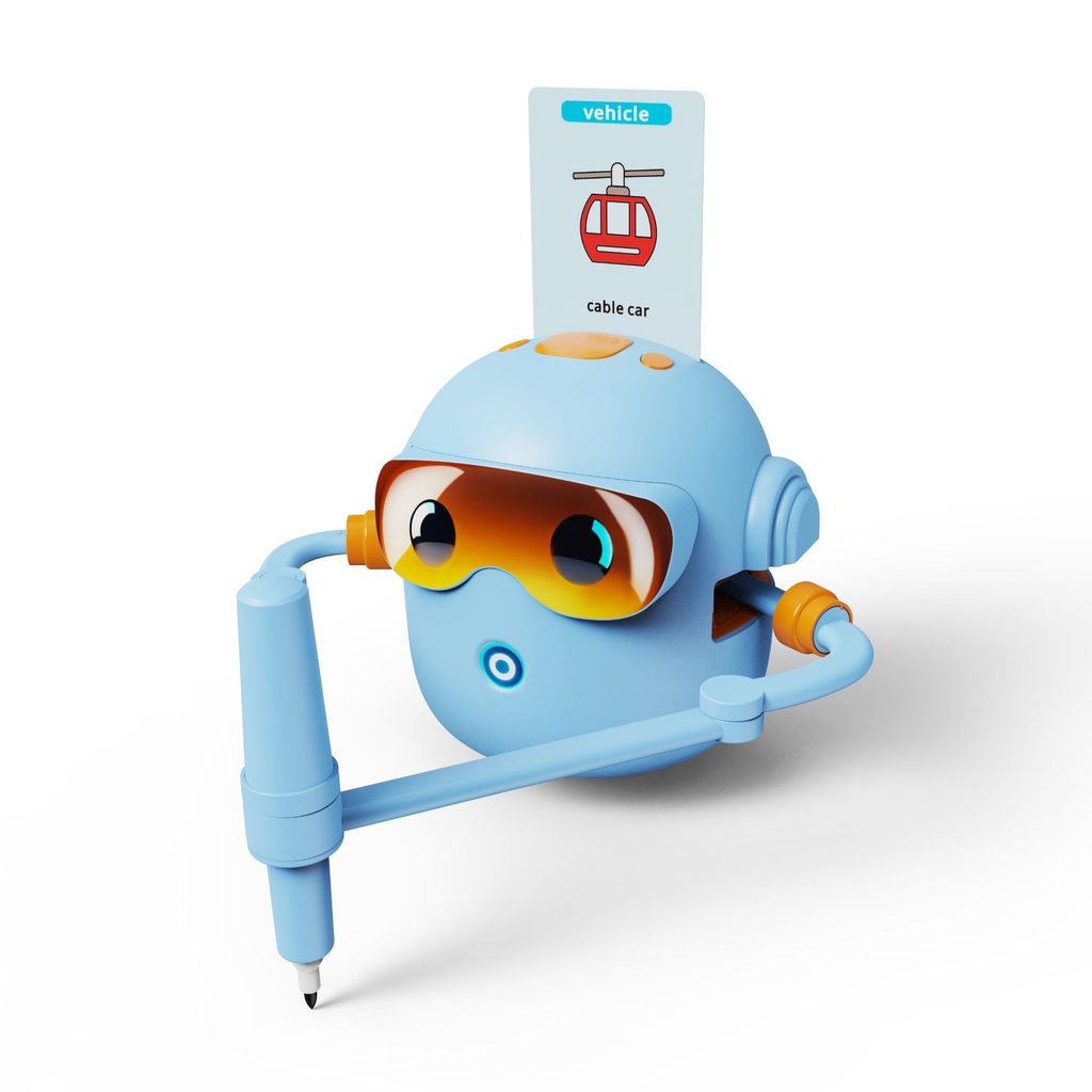 Interaktiver Lernroboter, der lernt, Fiche Marker blau zu zeichnen