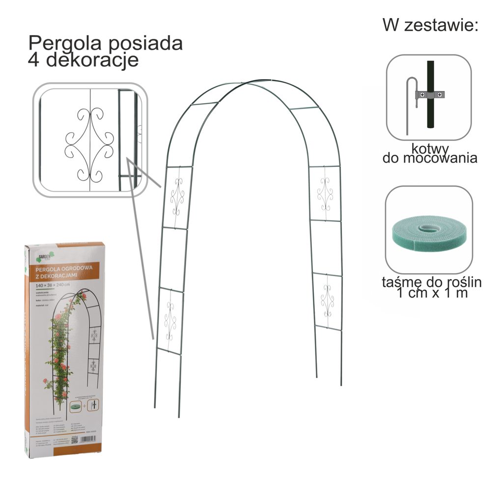 Zahradní pergola kovový oblouk držák pro růže květiny popínavé 240cm zelená KX3303_2