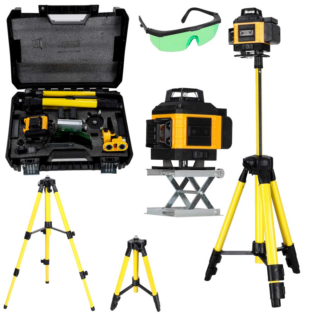 Laserová vodováha 360° 4D, křížový laser s 16 paprsky, stativ, držák, sada KX2677