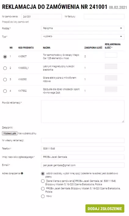 reklamacja szczegóły